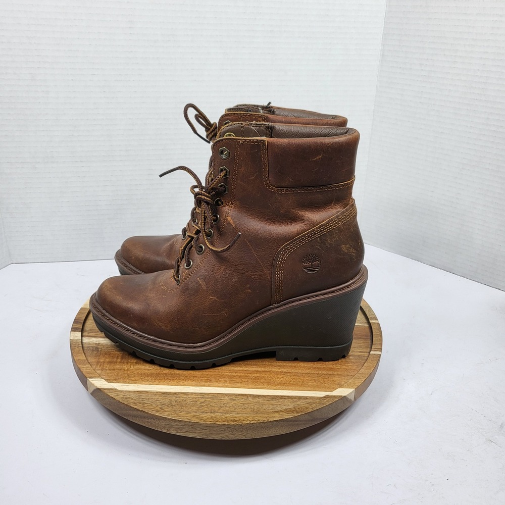 Timberland Amston Wedge Boots Women 6.5 Brown Good Leather Lace Up A1KDP